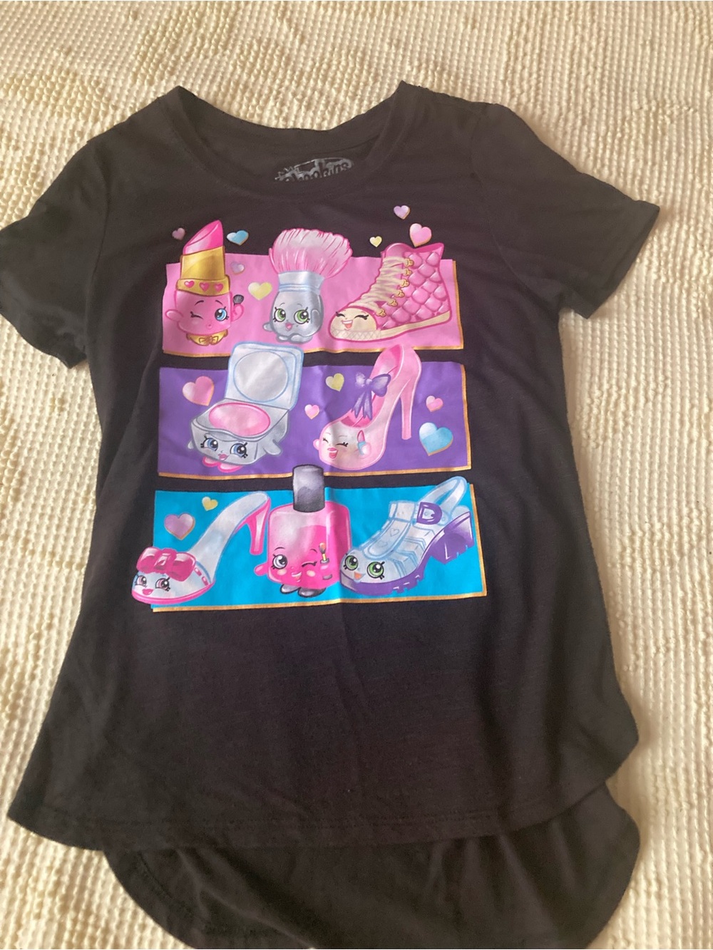 Shopkins Black Tee with Pink, Purple and Blue Character Panels